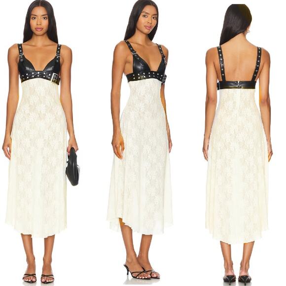 NEW WeWoreWhat Belt Bodice Lace Midi Maxi Dress Sz 8 Black Vegan Leather Ivory - Picture 5 of 15